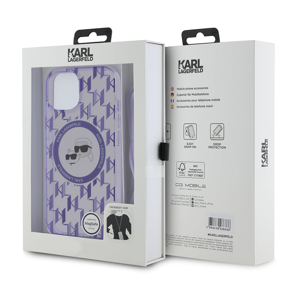 Etui MagSafe dla Apple iPhone 15, Karl Lagerfeld, IML Crossbody Monogram Karl & Choupette's Heads, Fioletowy
