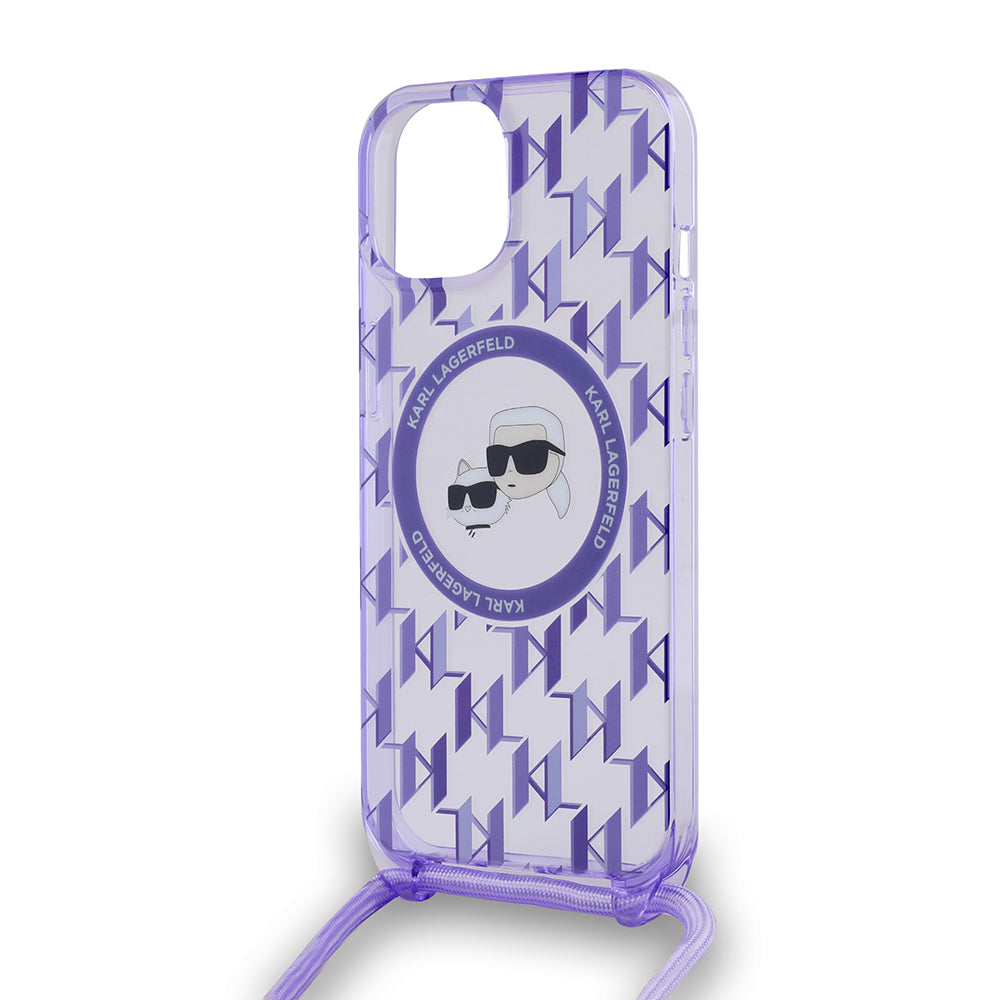 Etui MagSafe dla Apple iPhone 15, Karl Lagerfeld, IML Crossbody Monogram Karl & Choupette's Heads, Fioletowy