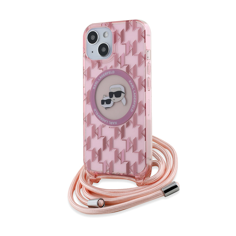 Etui MagSafe dla Apple iPhone 15, Karl Lagerfeld, IML Crossbody Monogram Karl & Choupette's Heads, Różowy