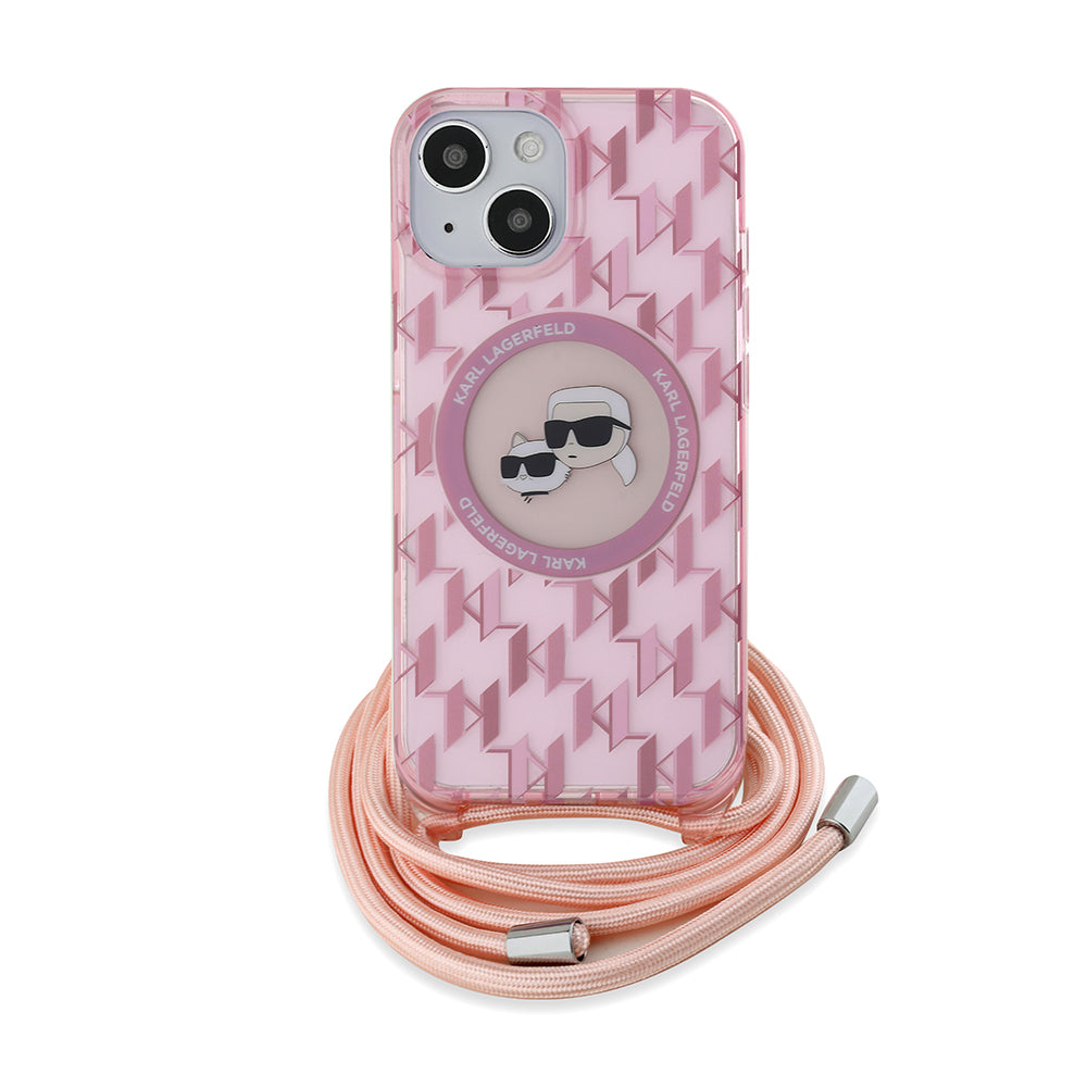 Etui MagSafe dla Apple iPhone 15, Karl Lagerfeld, IML Crossbody Monogram Karl & Choupette's Heads, Różowy