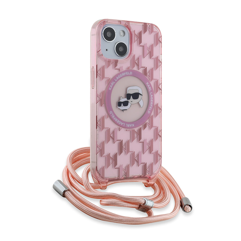 Etui MagSafe dla Apple iPhone 15, Karl Lagerfeld, IML Crossbody Monogram Karl & Choupette's Heads, Różowy