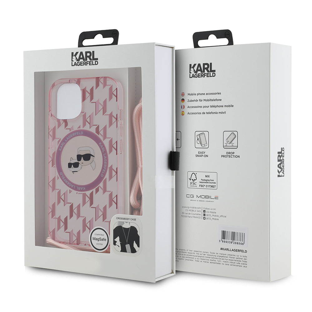 Etui MagSafe dla Apple iPhone 15, Karl Lagerfeld, IML Crossbody Monogram Karl & Choupette's Heads, Różowy