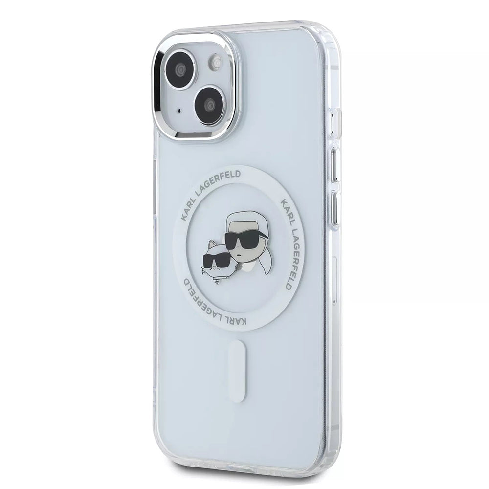 Etui MagSafe dla Apple iPhone 15, Karl Lagerfeld, IML Metal Karl & Choupette's Heads, Białe