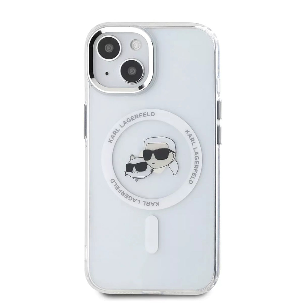Etui MagSafe dla Apple iPhone 15, Karl Lagerfeld, IML Metal Karl & Choupette's Heads, Białe
