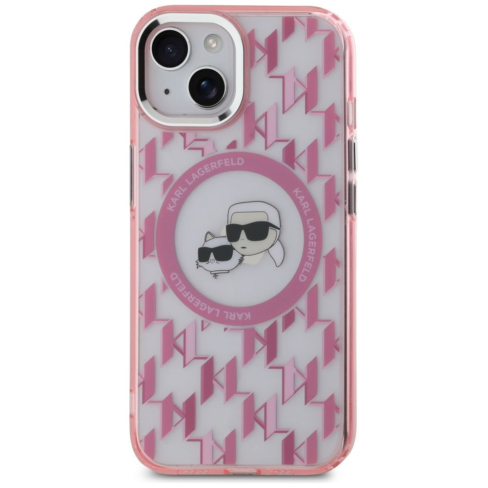 Etui MagSafe dla Apple iPhone 15, Karl Lagerfeld, IML Monogram Karl & Choupette's Heads, Różowy