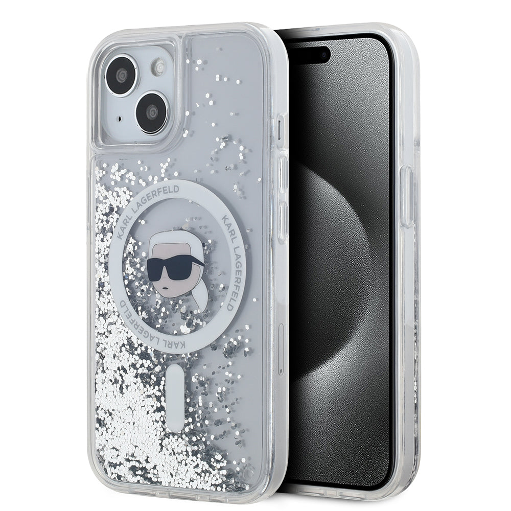 Etui MagSafe dla Apple iPhone 15, Karl Lagerfeld, Liquid Glitter Karl's Head, Przezroczyste