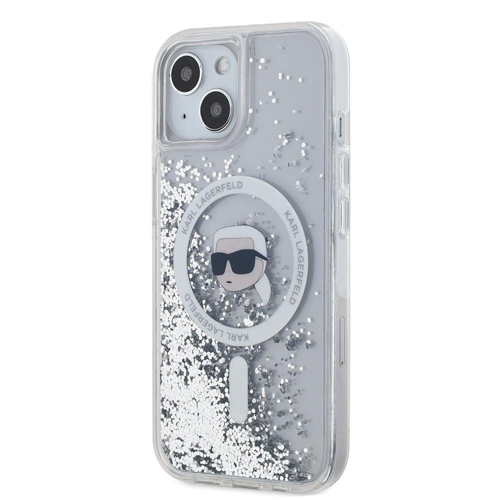 Etui MagSafe dla Apple iPhone 15, Karl Lagerfeld, Liquid Glitter Karl's Head, Przezroczyste