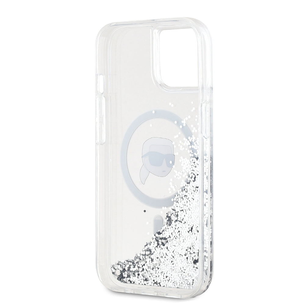 Etui MagSafe dla Apple iPhone 15, Karl Lagerfeld, Liquid Glitter Karl's Head, Przezroczyste