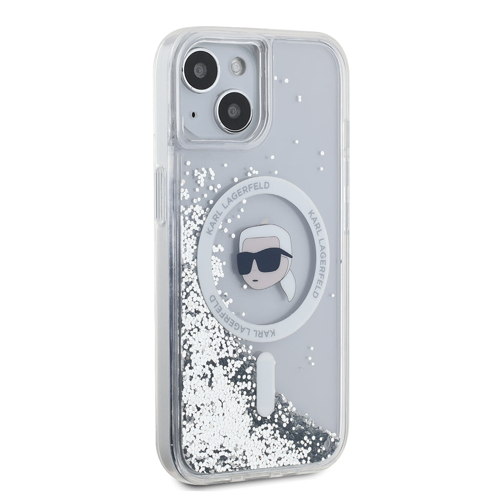 Etui MagSafe dla Apple iPhone 15, Karl Lagerfeld, Liquid Glitter Karl's Head, Przezroczyste