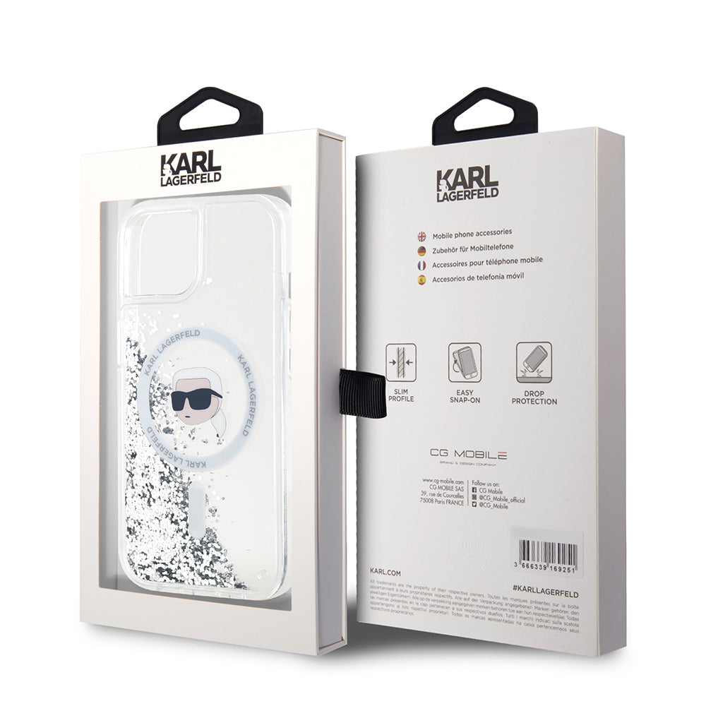 Etui MagSafe dla Apple iPhone 15, Karl Lagerfeld, Liquid Glitter Karl's Head, Przezroczyste