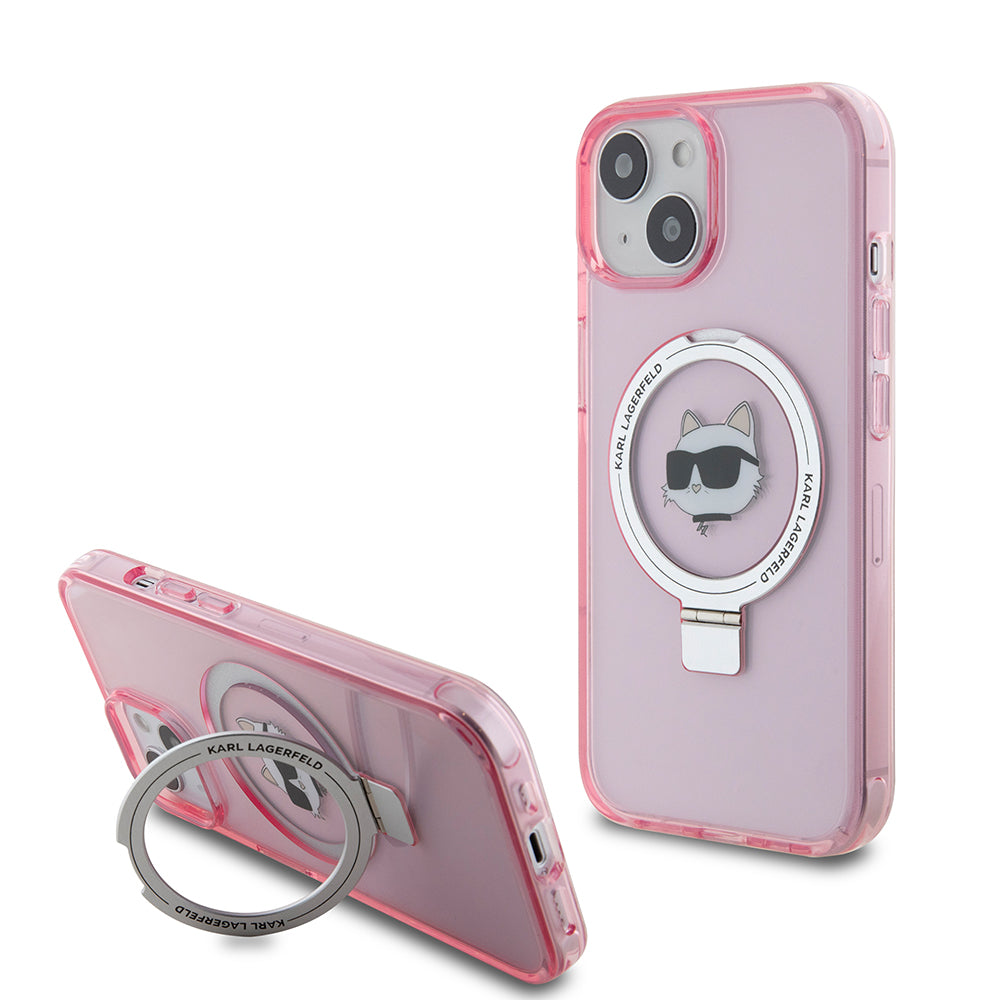 Etui MagSafe dla Apple iPhone 15, Karl Lagerfeld, Ring Stand Choupette's Head, Różowy