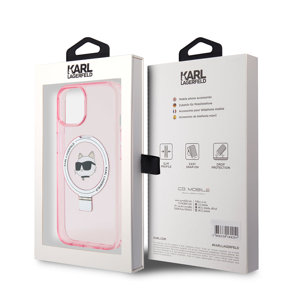 Etui MagSafe dla Apple iPhone 15, Karl Lagerfeld, Ring Stand Choupette's Head, Różowy