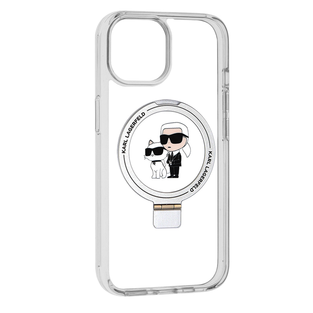 Etui MagSafe dla Apple iPhone 15, Karl Lagerfeld, Ring Stand Karl & Choupette, Białe