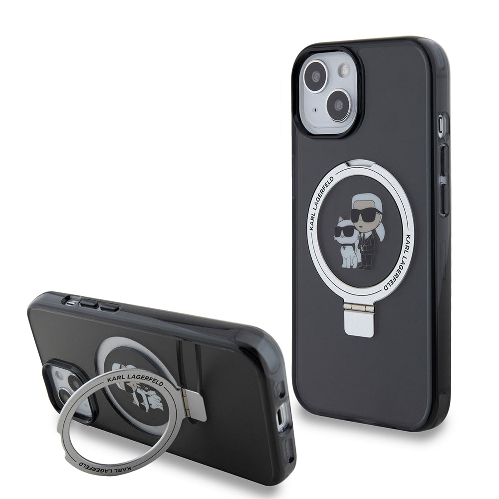 Etui MagSafe dla Apple iPhone 15, Karl Lagerfeld, Ring Stand Karl & Choupette, Czarne