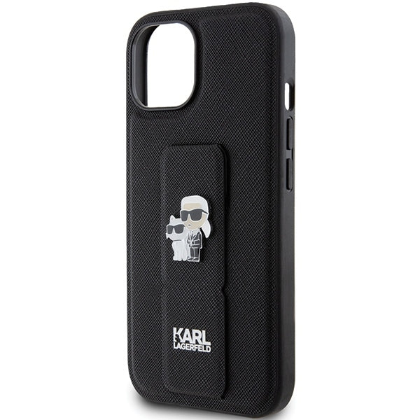 Etui MagSafe dla Apple iPhone 15, Karl Lagerfeld, Saffiano Gripstand Karl & Choupette, Czarne