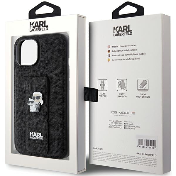 Etui MagSafe dla Apple iPhone 15, Karl Lagerfeld, Saffiano Gripstand Karl & Choupette, Czarne