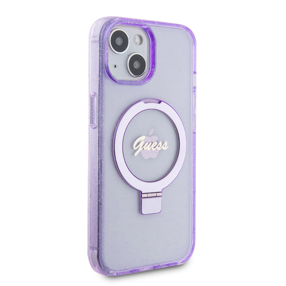 Etui MagSafe dla Apple iPhone 15 Plus, Guess, Ring Stand Script Glitter, Fioletowy