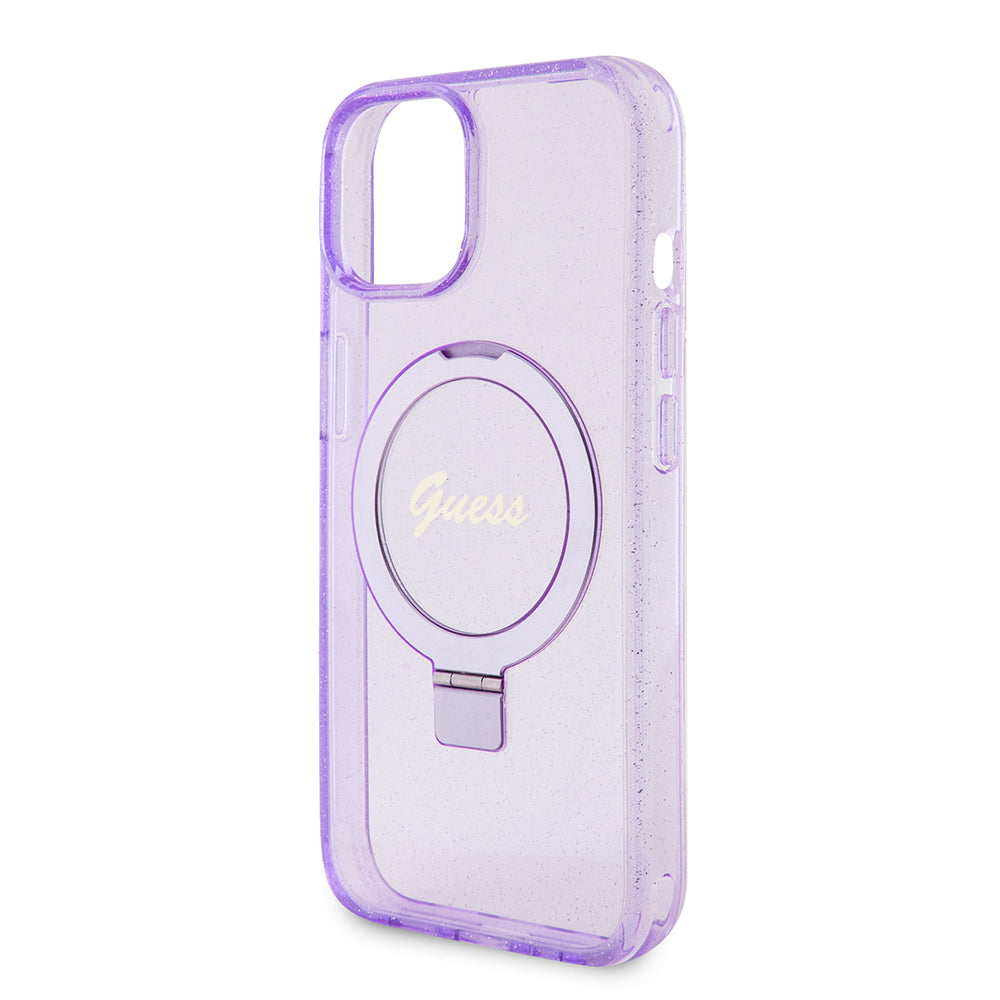 Etui MagSafe dla Apple iPhone 15 Plus, Guess, Ring Stand Script Glitter, Fioletowy
