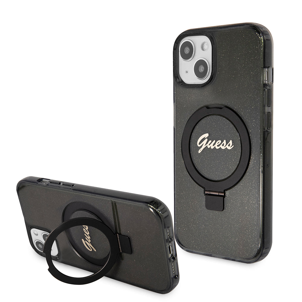 Etui MagSafe dla Apple iPhone 15 Plus, Guess, Ring Stand Script Glitter, Czarne