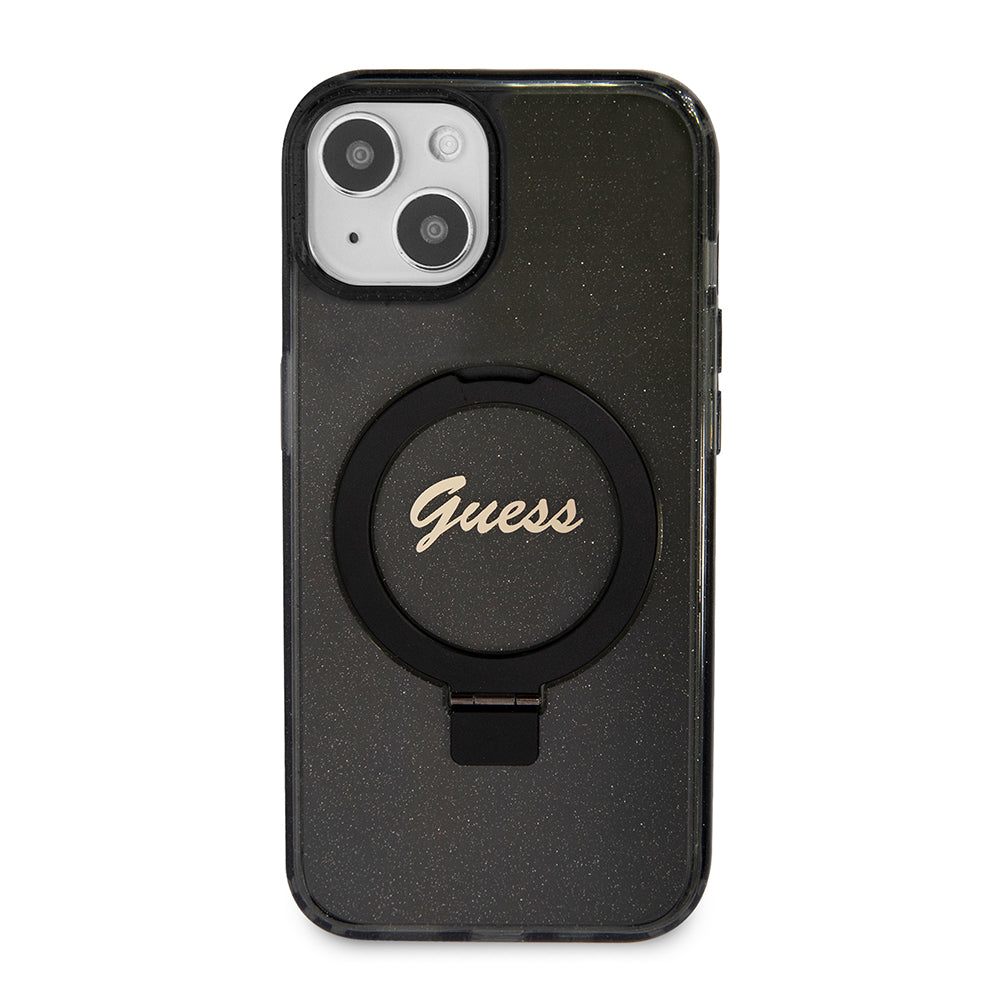 Etui MagSafe dla Apple iPhone 15 Plus, Guess, Ring Stand Script Glitter, Czarne