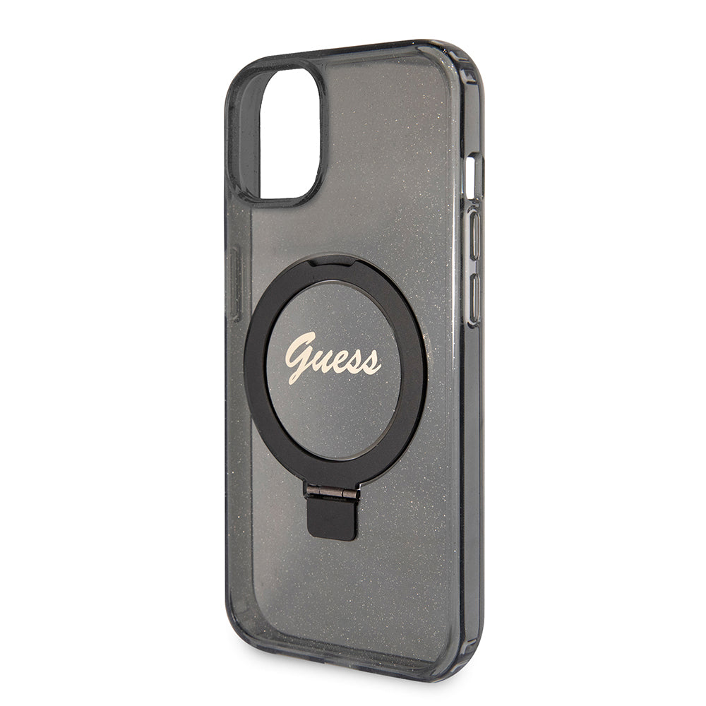 Etui MagSafe dla Apple iPhone 15 Plus, Guess, Ring Stand Script Glitter, Czarne