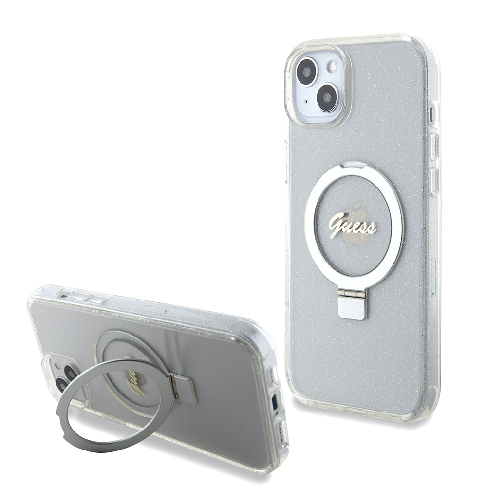 Etui MagSafe dla Apple iPhone 15 Plus, Guess, Ring Stand Script Glitter, Przezroczyste