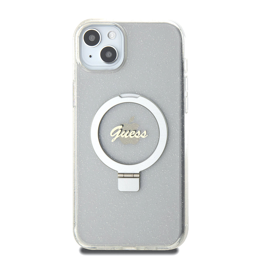 Etui MagSafe dla Apple iPhone 15 Plus, Guess, Ring Stand Script Glitter, Przezroczyste