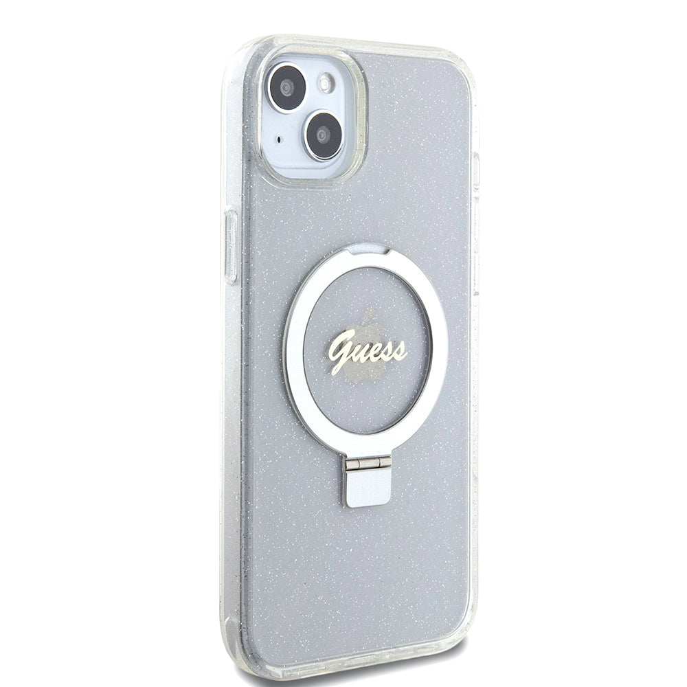 Etui MagSafe dla Apple iPhone 15 Plus, Guess, Ring Stand Script Glitter, Przezroczyste