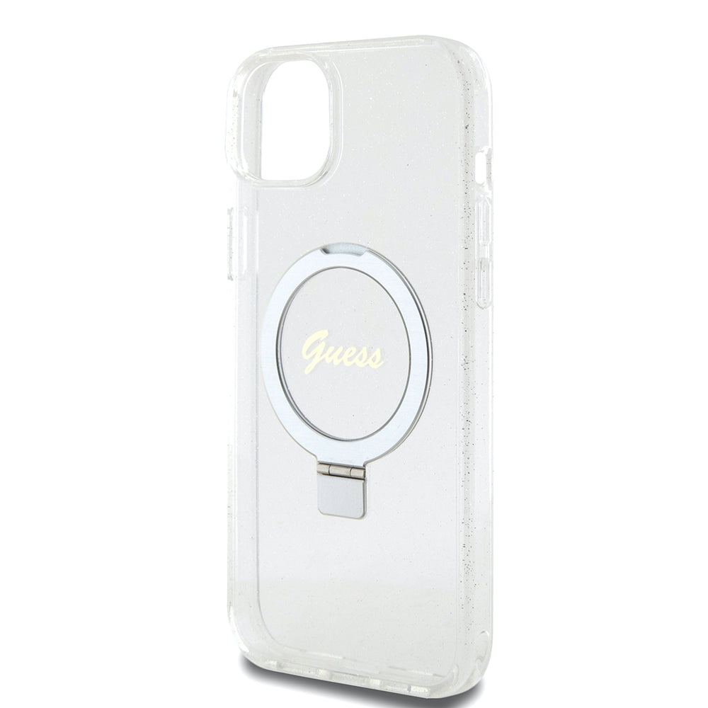 Etui MagSafe dla Apple iPhone 15 Plus, Guess, Ring Stand Script Glitter, Przezroczyste