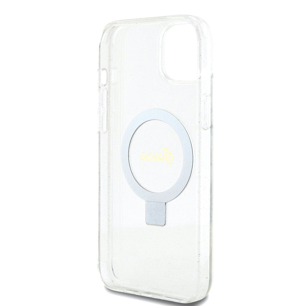 Etui MagSafe dla Apple iPhone 15 Plus, Guess, Ring Stand Script Glitter, Przezroczyste