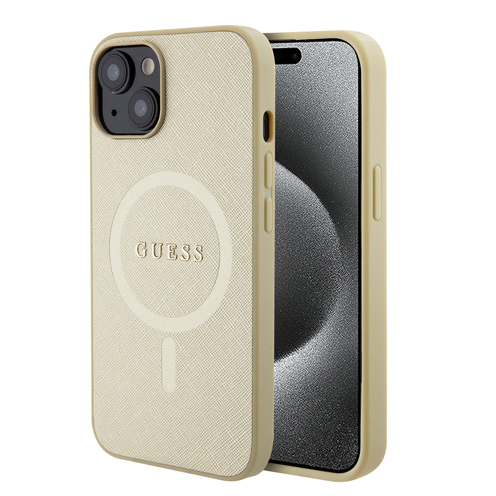 Etui MagSafe dla Apple iPhone 15 Plus, Guess, Saffiano, Złote