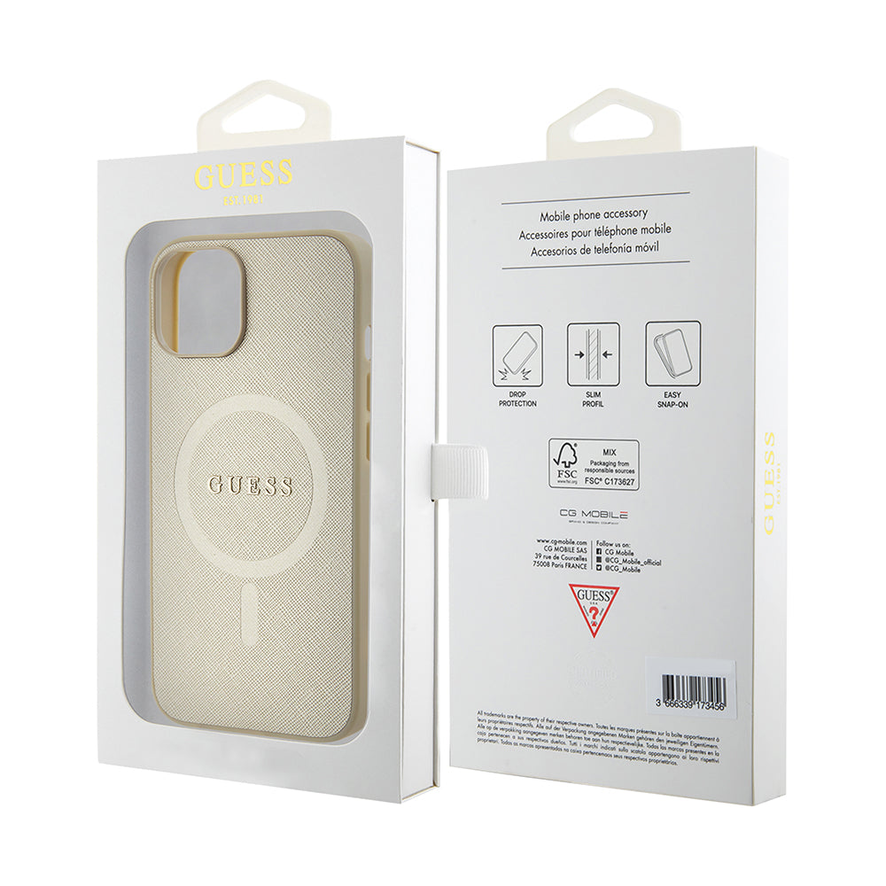 Etui MagSafe dla Apple iPhone 15 Plus, Guess, Saffiano, Złote