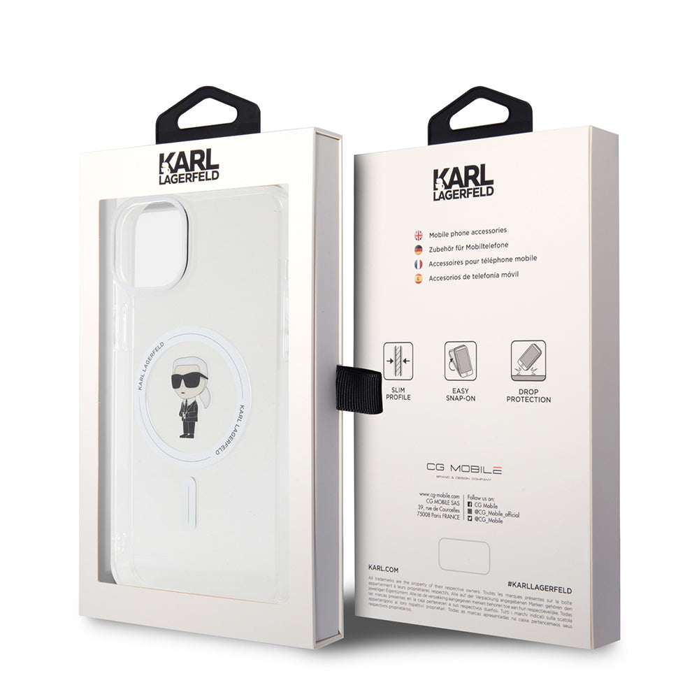 MagSafe Case for Apple iPhone 15 Plus, Karl Lagerfeld, IML Ikonik Karl, Transparent