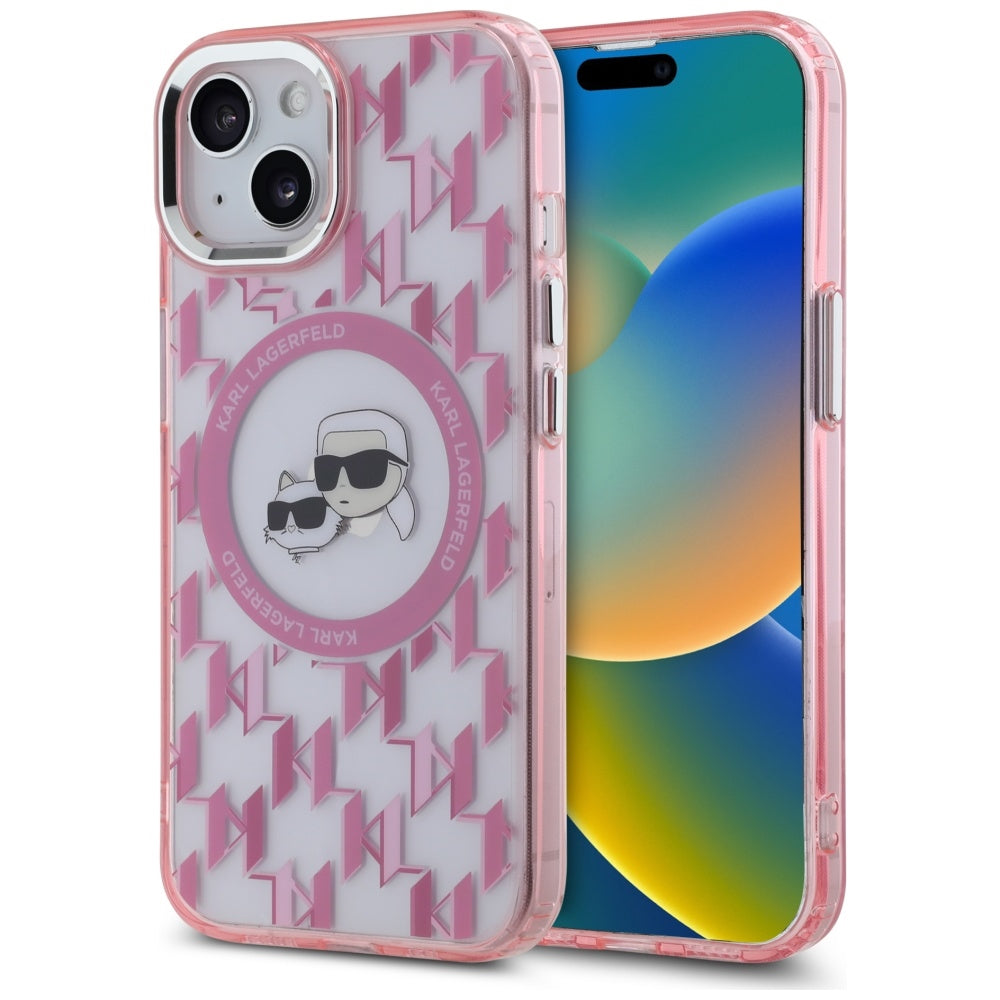 MagSafe Case for Apple iPhone 15 Plus, Karl Lagerfeld, IML Monogram Karl & Choupette's Heads, Pink
