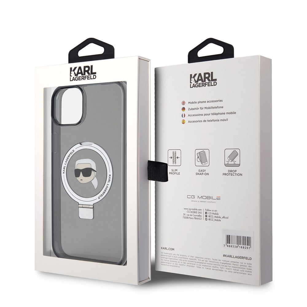 Etui MagSafe dla Apple iPhone 15 Plus, Karl Lagerfeld, Ring Stand Karl's Head, Czarne