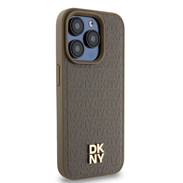 Etui MagSafe dla Apple iPhone 15 Pro, DKNY, Monogram Pattern Metal Logo, Brązowy
