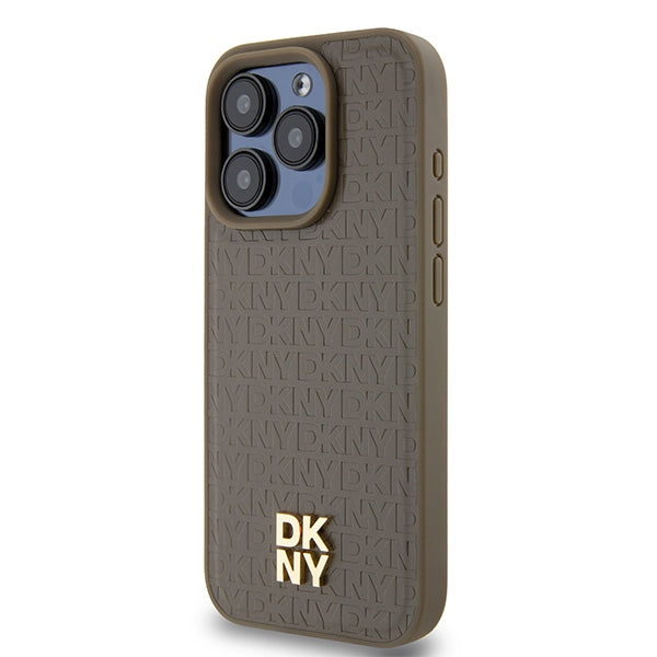 Etui MagSafe dla Apple iPhone 15 Pro, DKNY, Monogram Pattern Metal Logo, Brązowy