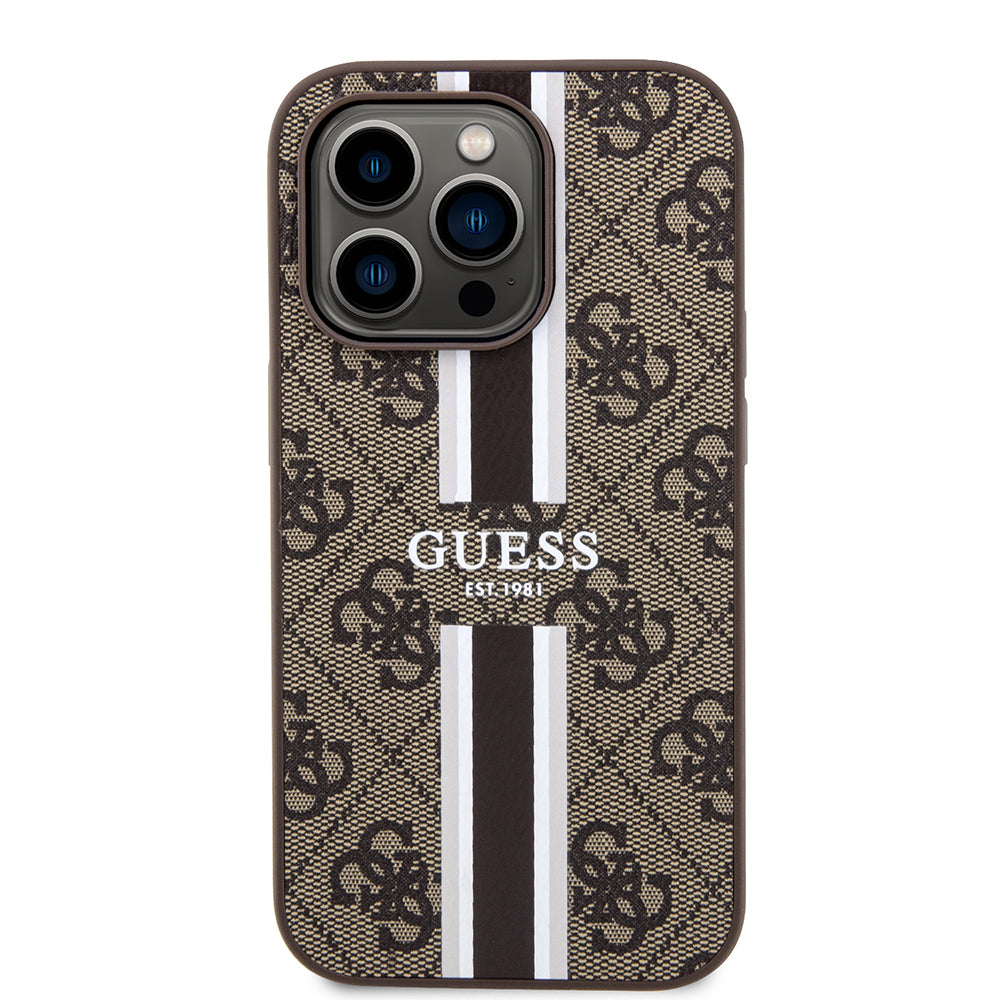Etui MagSafe dla Apple iPhone 15 Pro, Guess, 4G Printed Stripes, Brązowy