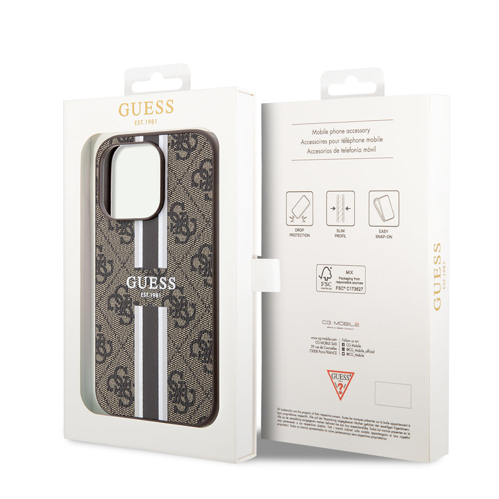 Etui MagSafe dla Apple iPhone 15 Pro, Guess, 4G Printed Stripes, Brązowy