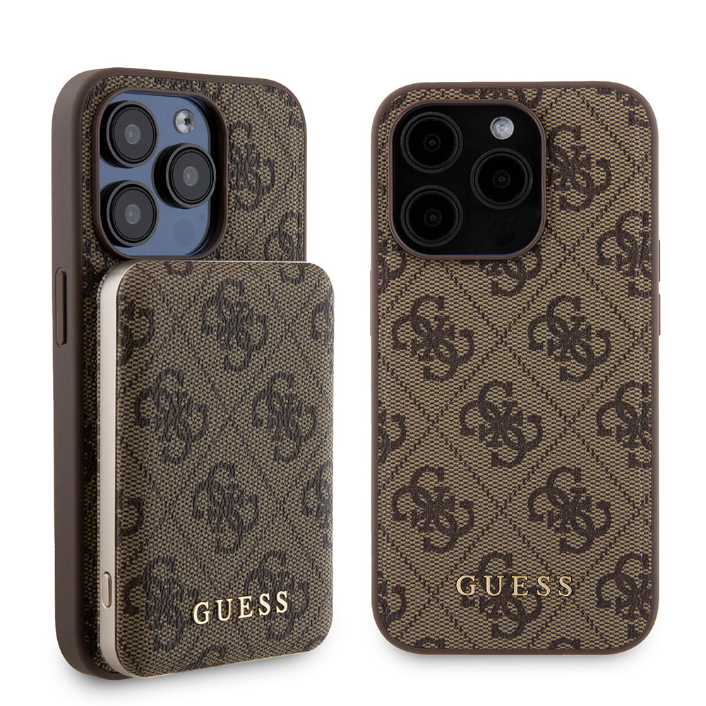 Etui MagSafe dla Apple iPhone 15 Pro, Guess, Powerbank 4G Metal Logo, Brązowy
