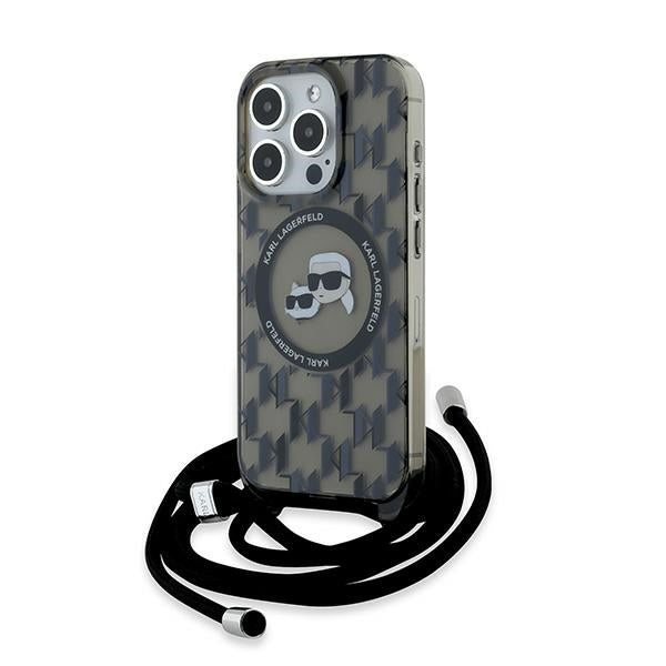 Etui MagSafe dla Apple iPhone 15 Pro, Karl Lagerfeld, IML Crossbody Monogram Karl & Choupette's Heads, Czarne