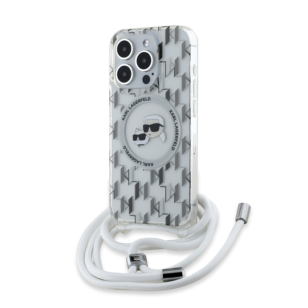 Etui MagSafe dla Apple iPhone 15 Pro, Karl Lagerfeld, IML Crossbody Monogram Karl & Choupette's Heads, Przezroczyste