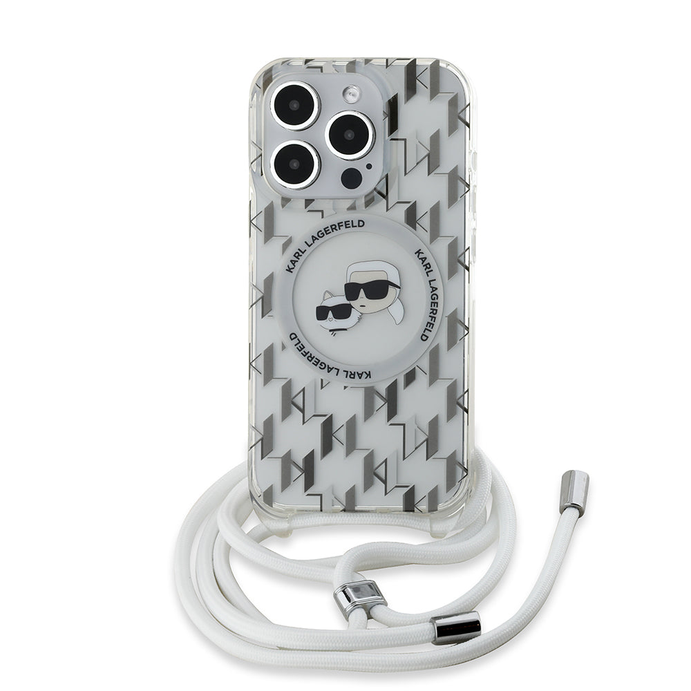 Etui MagSafe dla Apple iPhone 15 Pro, Karl Lagerfeld, IML Crossbody Monogram Karl & Choupette's Heads, Przezroczyste