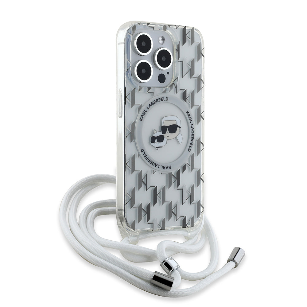 Etui MagSafe dla Apple iPhone 15 Pro, Karl Lagerfeld, IML Crossbody Monogram Karl & Choupette's Heads, Przezroczyste