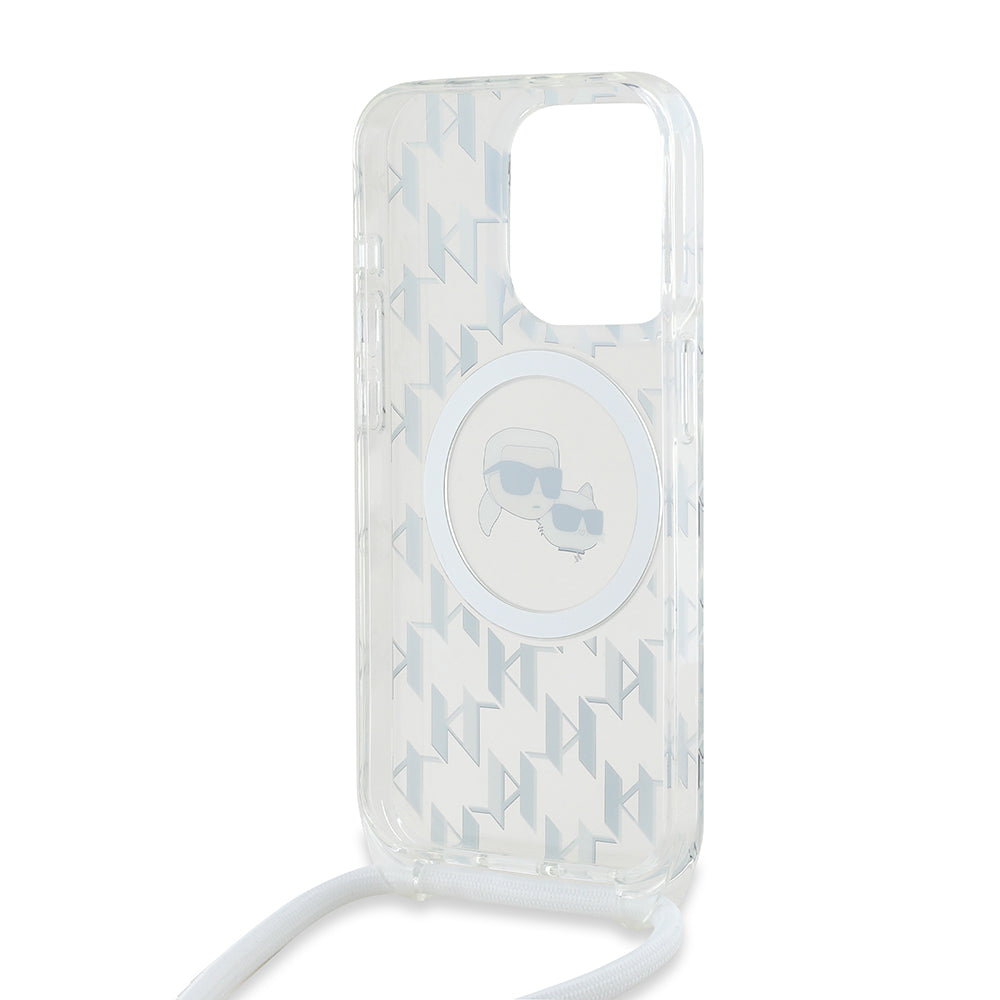 Etui MagSafe dla Apple iPhone 15 Pro, Karl Lagerfeld, IML Crossbody Monogram Karl & Choupette's Heads, Przezroczyste