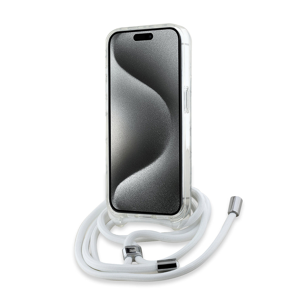 Etui MagSafe dla Apple iPhone 15 Pro, Karl Lagerfeld, IML Crossbody Monogram Karl & Choupette's Heads, Przezroczyste