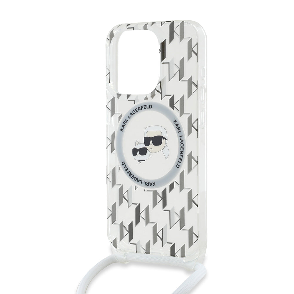 Etui MagSafe dla Apple iPhone 15 Pro, Karl Lagerfeld, IML Crossbody Monogram Karl & Choupette's Heads, Przezroczyste