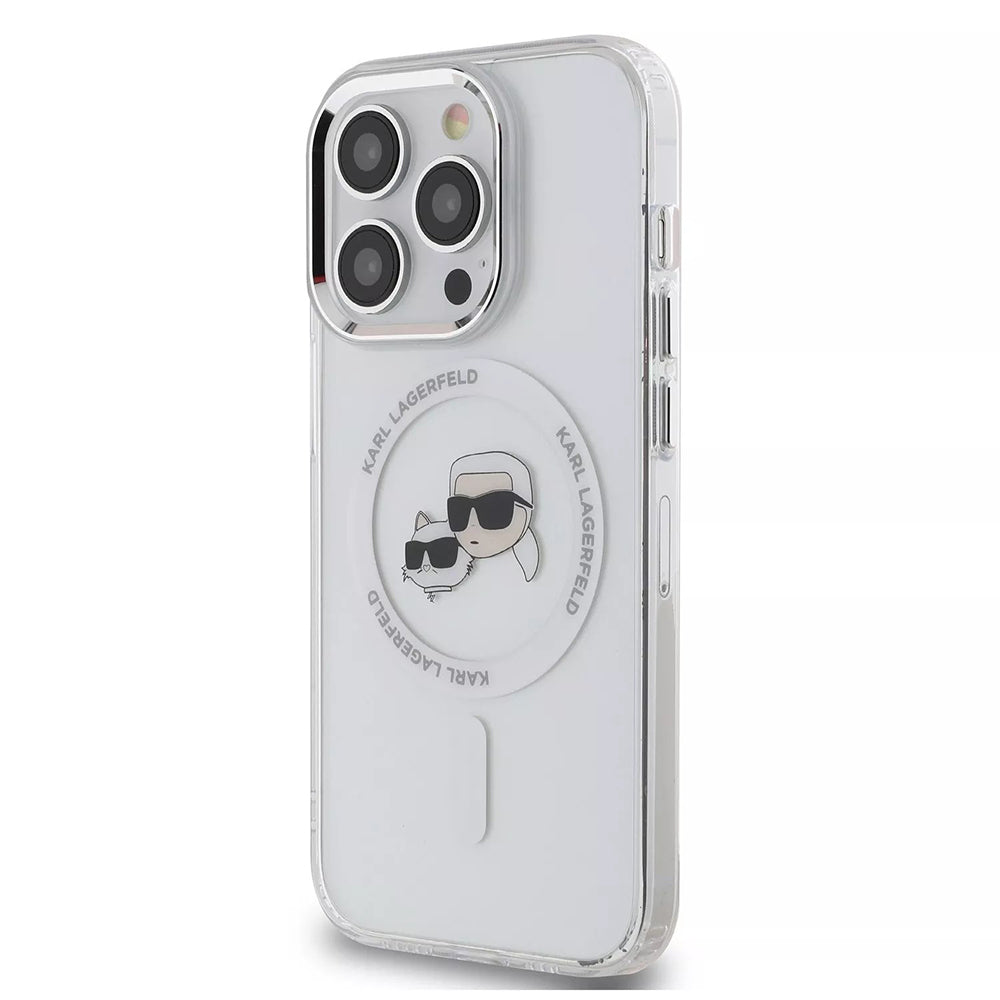 Etui MagSafe dla Apple iPhone 15 Pro, Karl Lagerfeld, IML Metal Karl & Choupette's Heads, Białe.