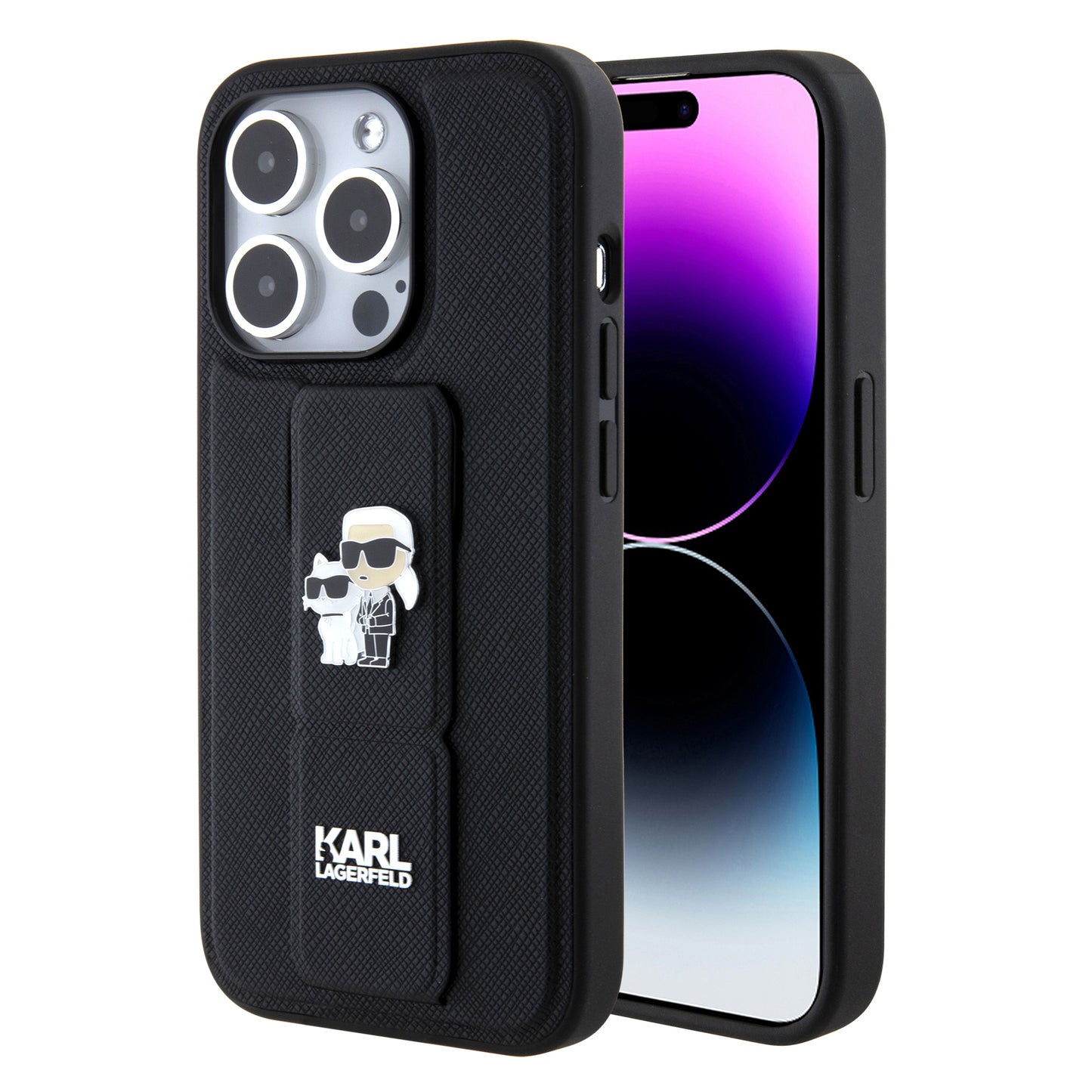 Etui MagSafe dla Apple iPhone 15 Pro, Karl Lagerfeld, Saffiano Gripstand Karl & Choupette, Czarne