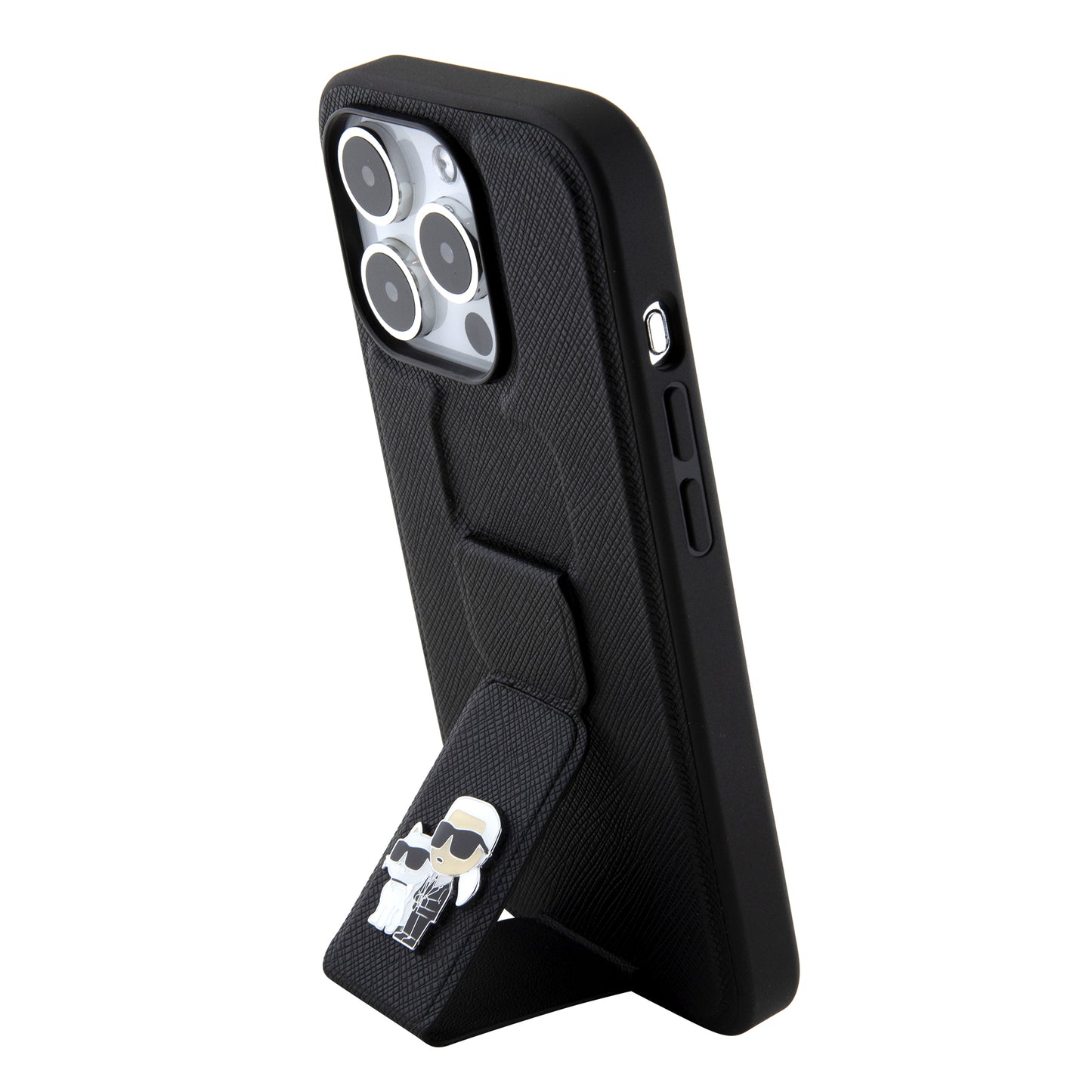 Etui MagSafe dla Apple iPhone 15 Pro, Karl Lagerfeld, Saffiano Gripstand Karl & Choupette, Czarne